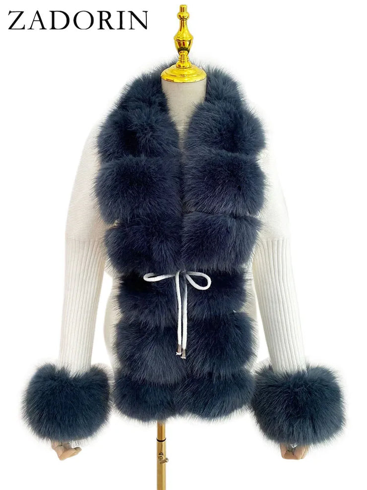 Women Luxury Knit Winter Elegant Detachable Fur Cardigan Korea Style Sweater