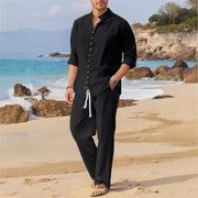 Men's Cuban style fashion shirt with multi-button stand collar, perfect for smart casual beach outings.