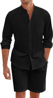 Men's cotton-linen two-piece set, comfortable button shirt, long sleeve, casual beachwear shorts.