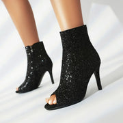 Women Thin High-Heeled Open Toe Zipper Golden Sequins Ankle Boots