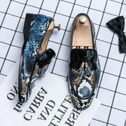 Men's British Trend Pointed Toe Tassel Patent Leather  Trendsetter Serpentine Pattern Dress Formal Shoes