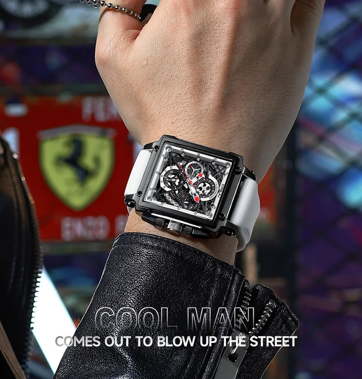 CRRJU Fashion Sports Watch Large Dial Unique Rectangular Hollow Design Quartz Wristwatch with Chronograph Auto Date Silicone Band