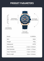 CURREN Men's Luxury Chronograph Watch Luminous Hands Waterproof Quartz Wristwatch with Silicone Strap Fashion Casual Sports Style
