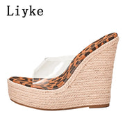 Women Leopard Grain Peep Toe  Platform High Heels Sandals Slip-On PVC Transparent Shoe