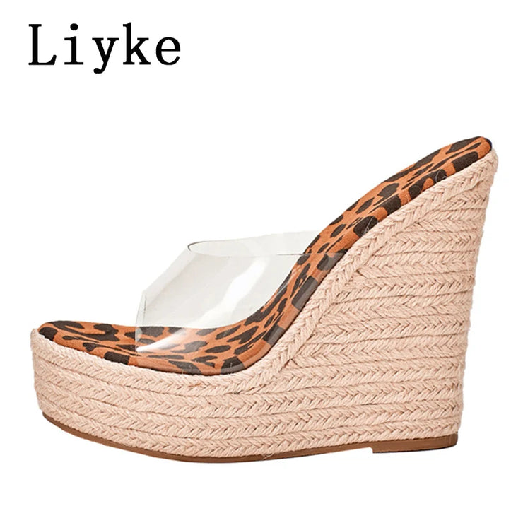 Women Leopard Grain Peep Toe  Platform High Heels Sandals Slip-On PVC Transparent Shoe