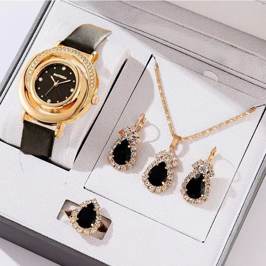 Women 5PCS Set Leather Quartz Watch Necklace Earrings Bracelet Wristwatch