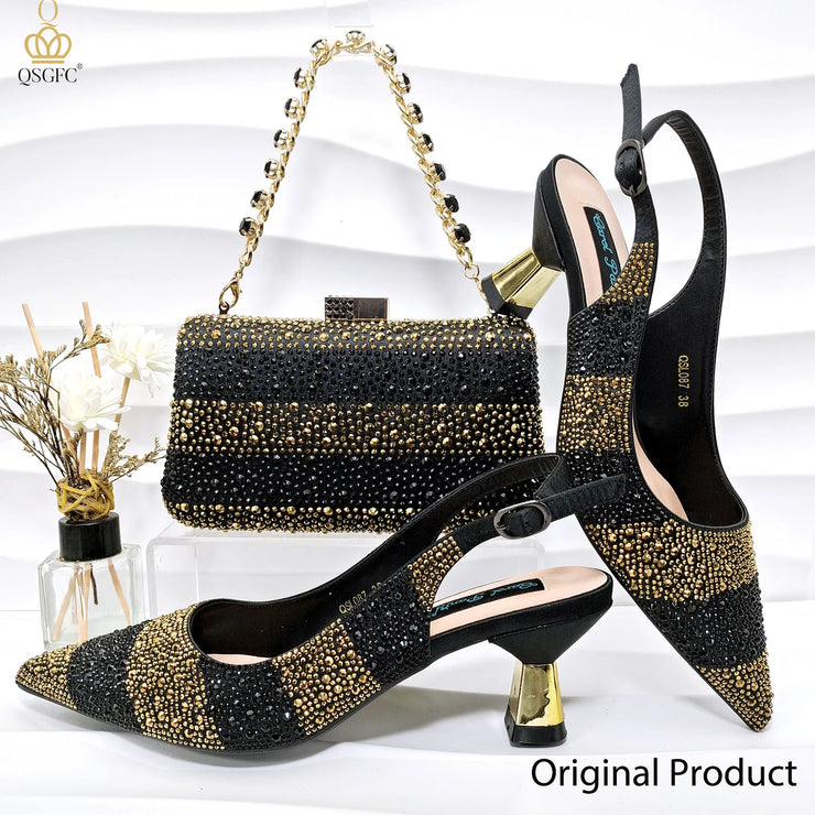 Nigerian Women Heel  Italian Design Shoes And Bag Set Decorated with Rhinestone