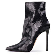 Women's Sexy Paillette Ankle Boots Pointed Toe Stiletto High Heels Slip-On Black Sequin Fashion Dress Shoes