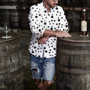 Men's cotton-linen two-piece set with polka dot shirt and denim shorts, ideal for casual beachwear.