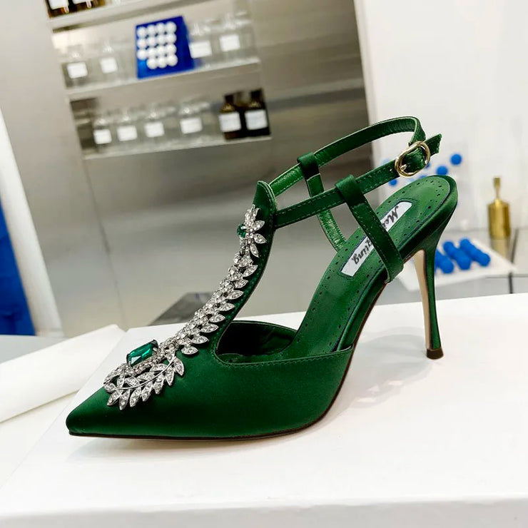 Ladies Rhinestone Pointed Toe Stiletto High Heels Satin Gemstone Ankle-Wrap Buckle Strap  Fairy Pump