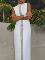 Stylish Shiny Stand Collar Sleeveless Prom Party Dress Back-Split X-Shape Urban Trendy Ankle-Length Women's Slim Fit Dress