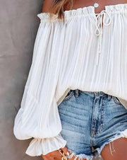 Elegant Women Lantern Sleeve Blouse Sexy Off Shoulder Frill Hem Top All-Match White Shirt Stylish and Eye Catching