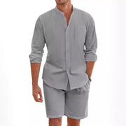 Men's cotton-linen two-piece set with button shirt and shorts, casual beachwear.