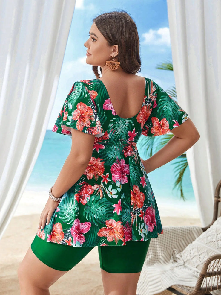 plus Size Printed Tankini Swimsuit High Waist Eye Catching  Comfortable Fit Floral Pattern