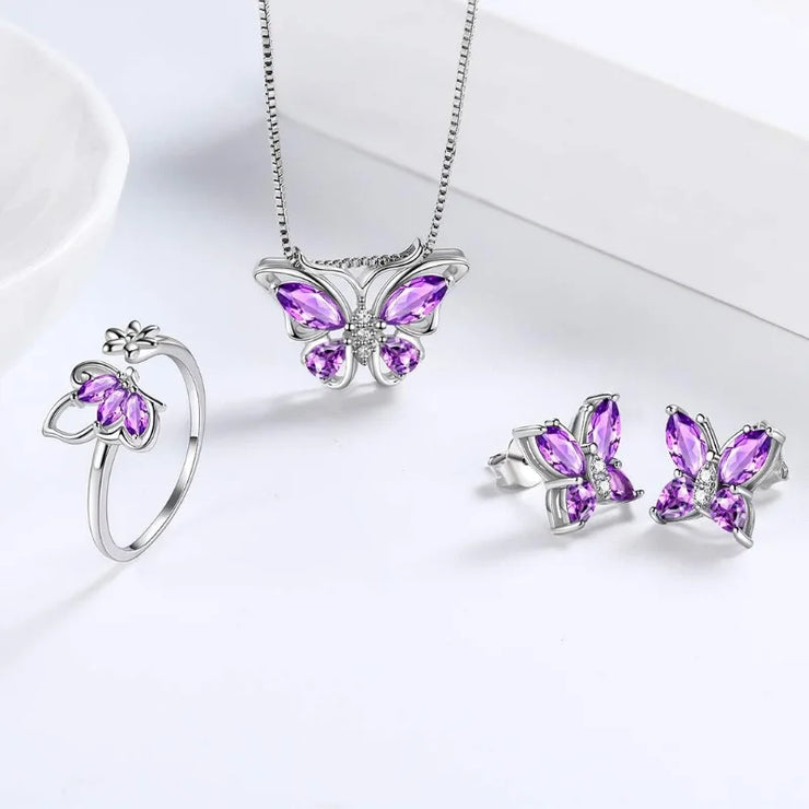 Butterfly Jewelry Set for women Butterflies Amethyst Birthstone Pendant Necklace/Earrings/Rings f