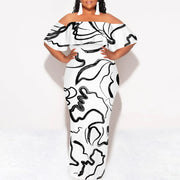 Plus size off shoulder maxi dress with black and white sketch art print, casual summer style.