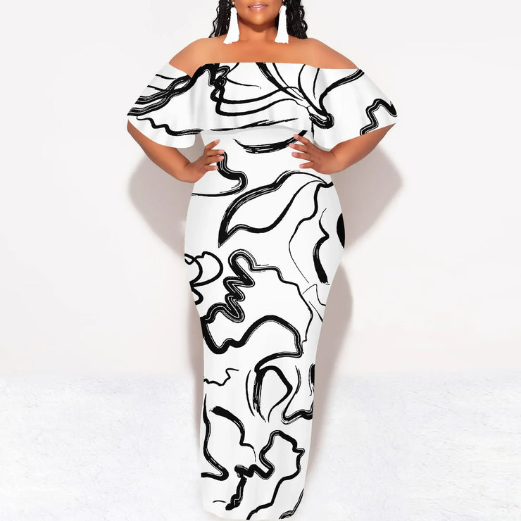 Plus size off shoulder maxi dress with black and white sketch art print, casual summer style.