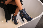 Women Peep Toe Ankle Platform Lace Up High Heels Boots