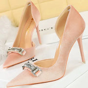 Women's Vintage Velvet Pumps 10.5cm High Heels Shallow Pointed Toe with Crystal Buckle for Banquet