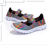 Women's Casual Elastic Band Weave Flats Non-Slip Comfort Loafers Slip-On Vulcanize Shoes Summer Season PU Upper