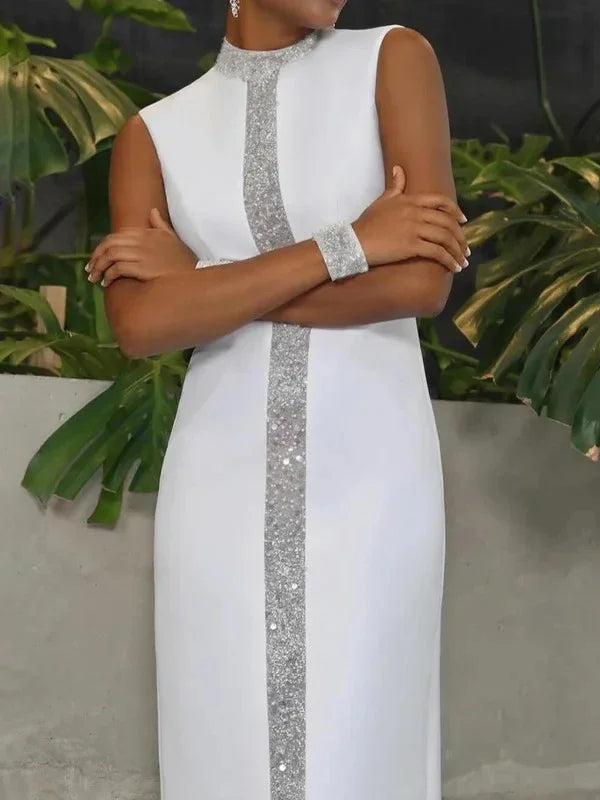 Stylish Shiny Stand Collar Sleeveless Prom Party Dress Back-Split X-Shape Urban Trendy Ankle-Length Women&