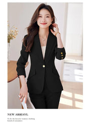 NAVIU 2 Piece Women's Office Blazer Set with High-Waist Pencil Pants Turn-Down Collar Elegant Apricot Black Pink Ladies Suits