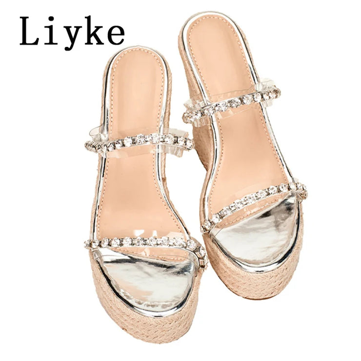 Women  Rhinestone Slipper High Quality Straw Rope Weave Thick  Platform Heels Transparent Sandal