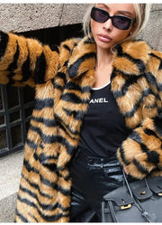 Winter Women's Luxury Long Tiger Fur Coat Elegant Thicken Warm