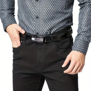 Men's genuine leather belt with alloy buckle and geometric pattern, 3.5 cm wide, worn by model.