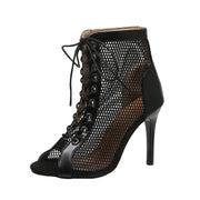 Women  Hollowed Mesh Heels Belt Buckle Lace-up Sexy Open Toe Stiletto J Shoes