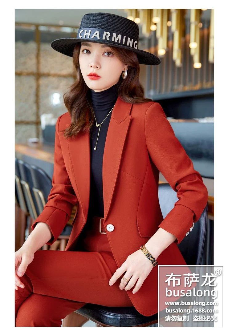Red Professional Suit for Women2023Autumn Winter New High-end Elegant Socialite Casual Blazer Two-piece Set