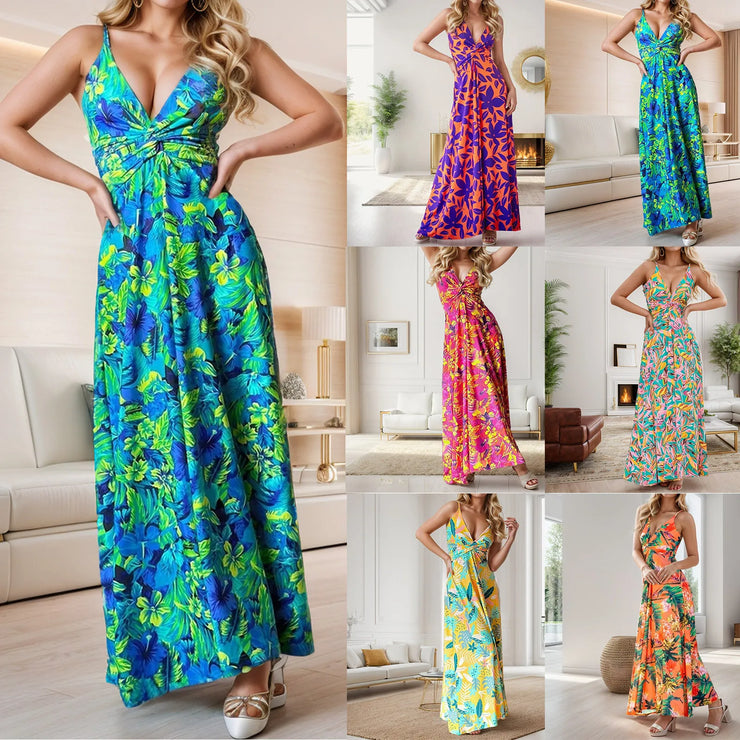 Neck Slim Sleeveless Maxi Floral Sexy Backless Hawaii Dresses