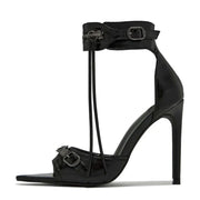 Women Metal Rivet Buckle Pointed Open Toe Stripper Heels Shoes