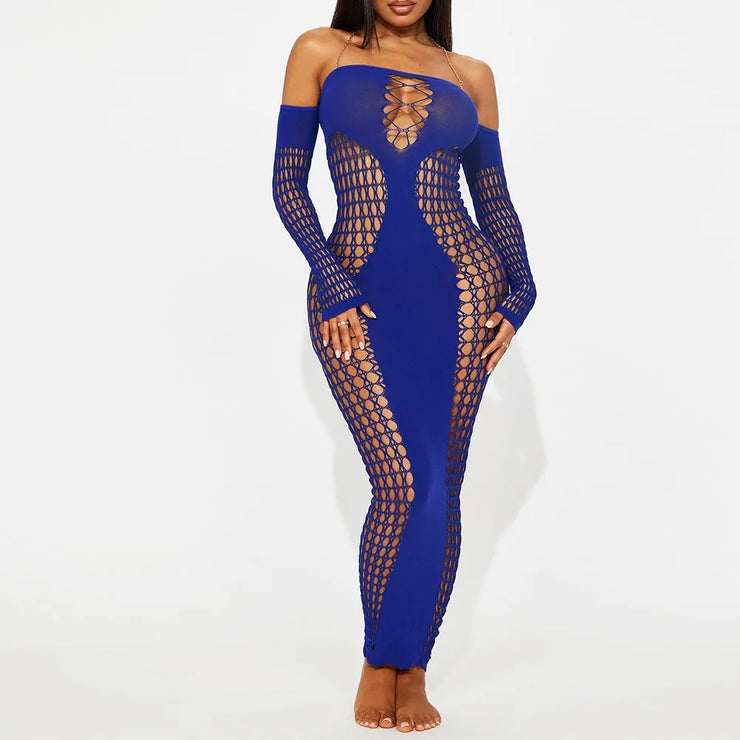 Women  Full Sleeve Long  Mesh Hollow  Dresses