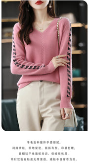 Women Pure Wool  V-Neck Stitching Long-Sleeved Autumn Winter Pullover Loose Knitted Cashmere Sweater