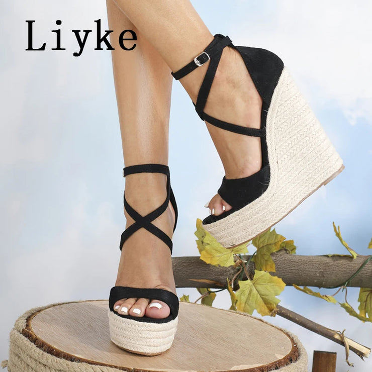 Women Platform Wedge Sandals Sexy  Thick Bottom Open Toe Buckle Strap Black High Shoes