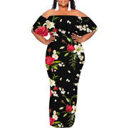 Plus size off shoulder maxi dress with black and white sketch art print, floral pattern, summer casual style.
