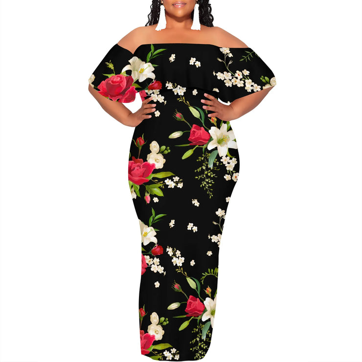 Plus size off shoulder maxi dress with black and white sketch art print, floral pattern, summer casual style.