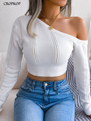 Women's Sexy Knitted One Shoulder Crop Top Long Sleeve Hollow out White Sweater Casual Slim Fit Pullover for Autumn Winter