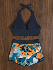 Women's Sporty Surfing Bikini Set Fashion Printed Lace-Up Swimsuit High-Waisted Beachwear Swimwear with Splice Details