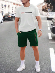 Men's urban street fashion crew neck short sleeve sweatshirt with simple design, worn outdoors.