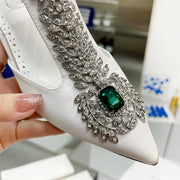 Ladies Rhinestone Pointed Toe Stiletto High Heels Satin Gemstone Ankle-Wrap Buckle Strap  Fairy Pump