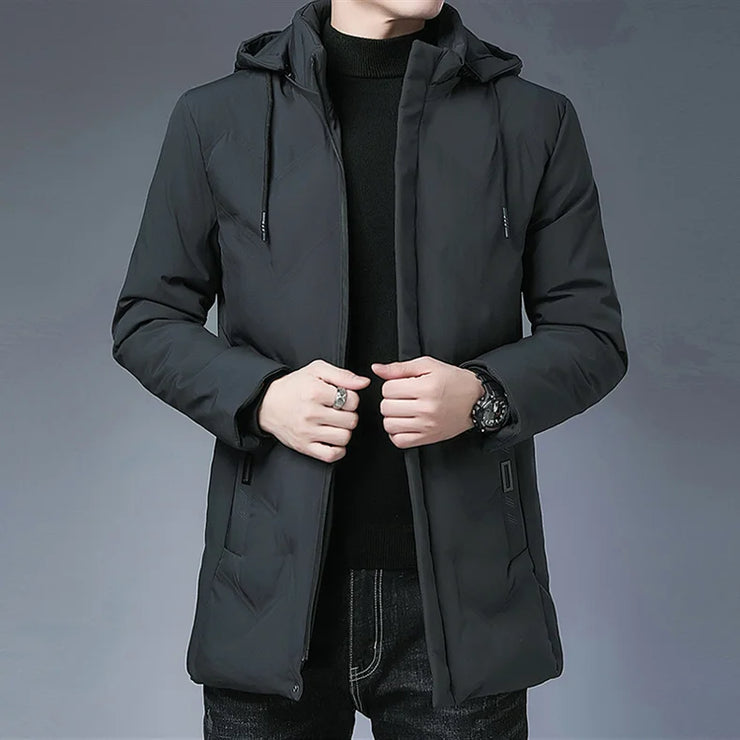 Men Long Parkas Coat Solid Slim Fit Warm Thicken Jacket. Outwear Windproof Coat Hooded Cotton-padded Zipper