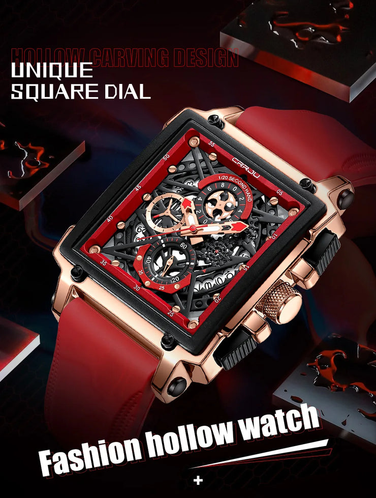 CRRJU Fashion Sports Watch Large Dial Unique Rectangular Hollow Design Quartz Wristwatch with Chronograph Auto Date Silicone Band