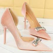 Women's Vintage Velvet Pumps 10.5cm High Heels Shallow Pointed Toe with Crystal Buckle for Banquet
