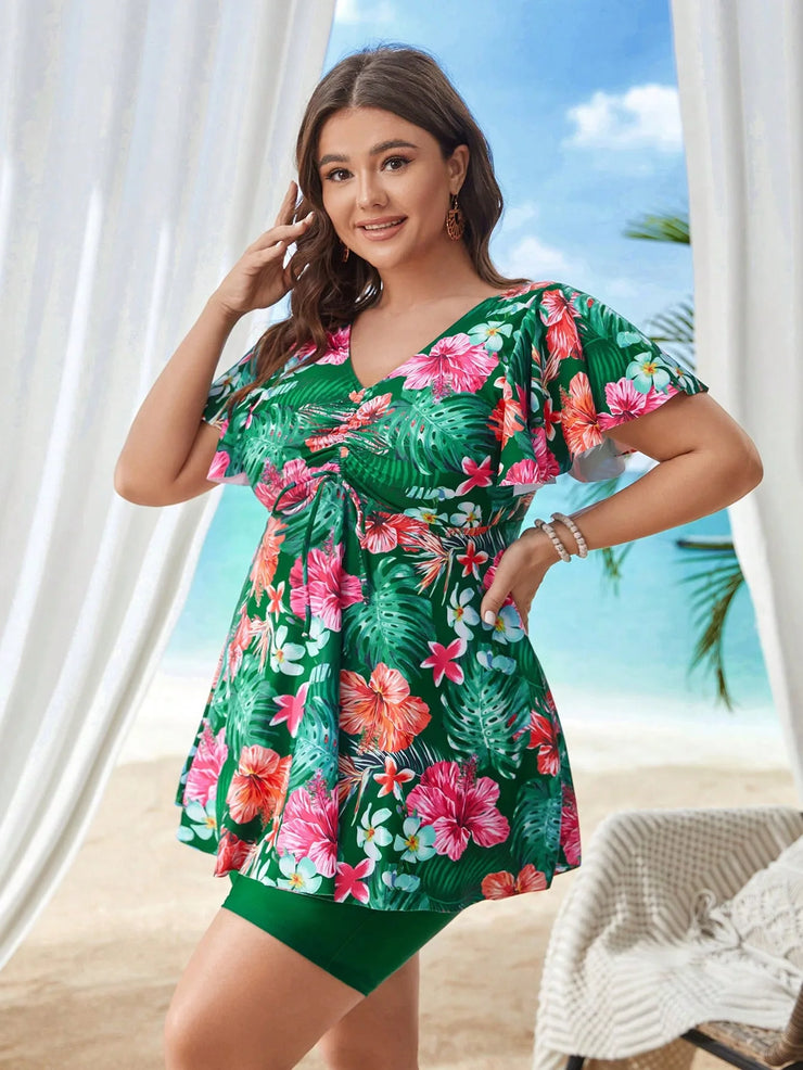 plus Size Printed Tankini Swimsuit High Waist Eye Catching  Comfortable Fit Floral Pattern