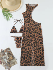 3 Pieces Leopard Halter Bikini Set String Swimsuit Hollow out Design Swimwear L
