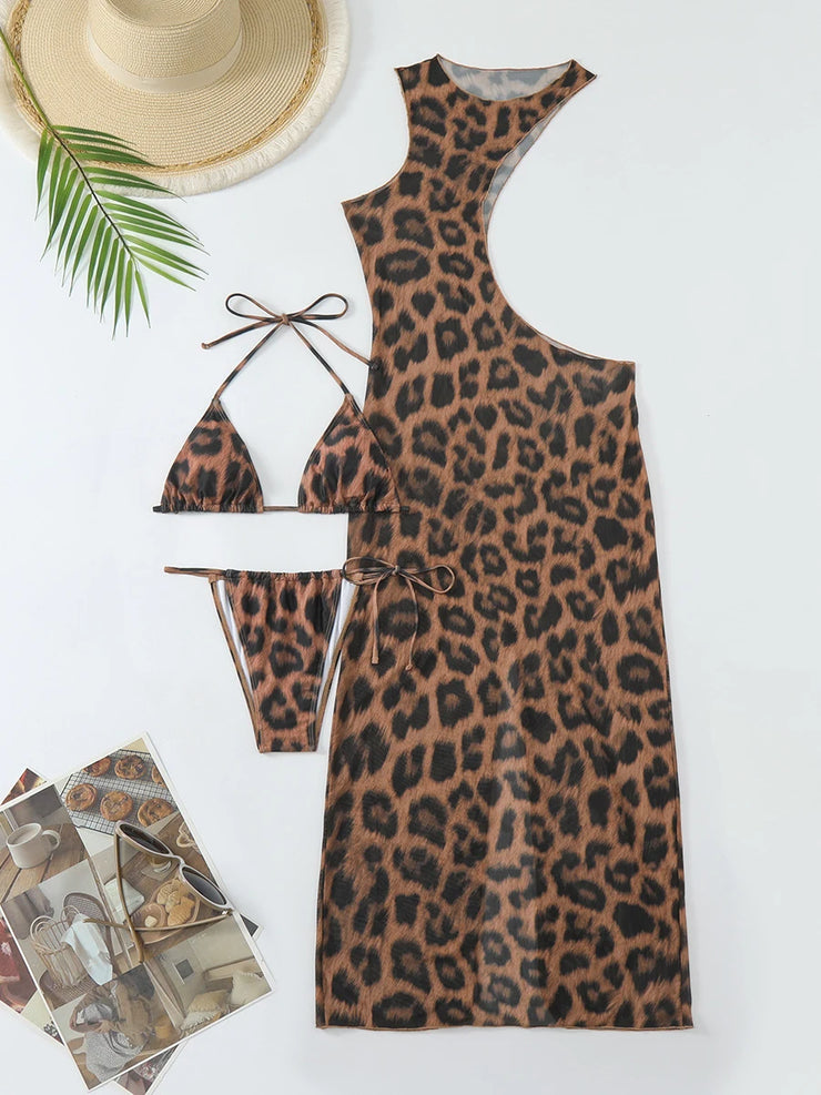 3 Pieces Leopard Halter Bikini Set String Swimsuit Hollow out Design Swimwear L