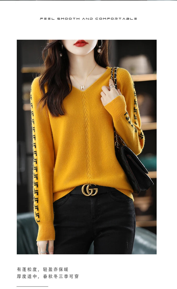 Women Pure Wool  V-Neck Stitching Long-Sleeved Autumn Winter Pullover Loose Knitted Cashmere Sweater