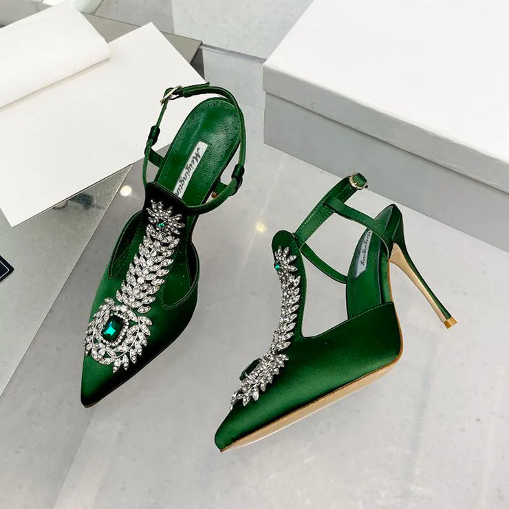 Ladies Rhinestone Pointed Toe Stiletto High Heels Satin Gemstone Ankle-Wrap Buckle Strap  Fairy Pump
